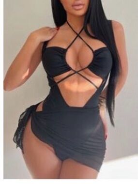 Strappy Cut-Out Black One-Piece with skirt coverup